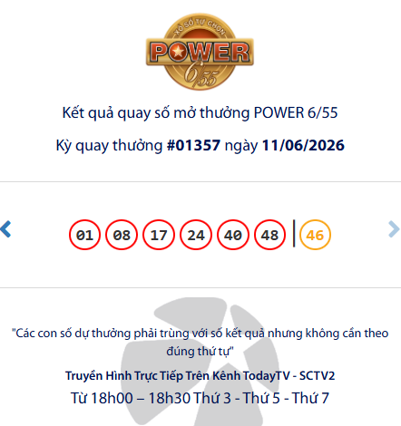 Vietlott 11/6/2026 - Kết quả xổ số Vietlott Power 6/65, Max3D Pro ngày 11/6/2026 848309