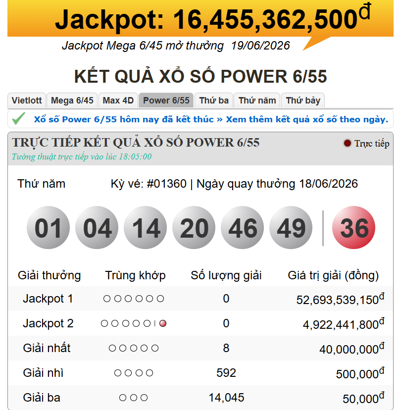 Vietlott 18/6/2026 - Kết quả xổ số Vietlott ngày 18/6/2026 853025